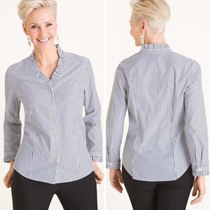 Chico’s No Iron Blue White Striped Ruffle Women’s Shirt